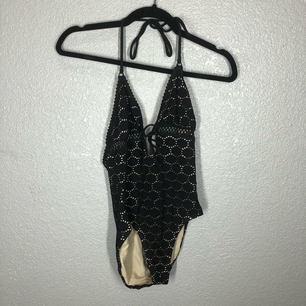 Robin Piccone Black & Nude One Piece Plunge Swim Suit